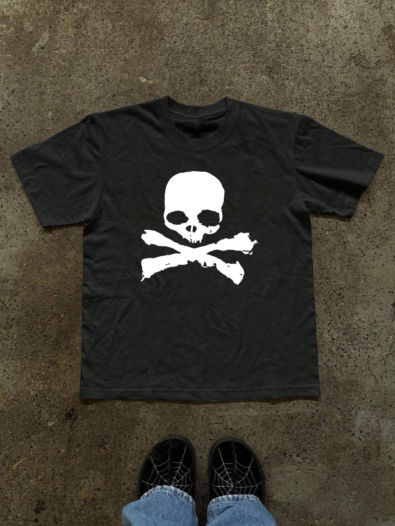 IslaSuriya Skull Print Round Neck Short Sleeve Tee Emo Graphic Top