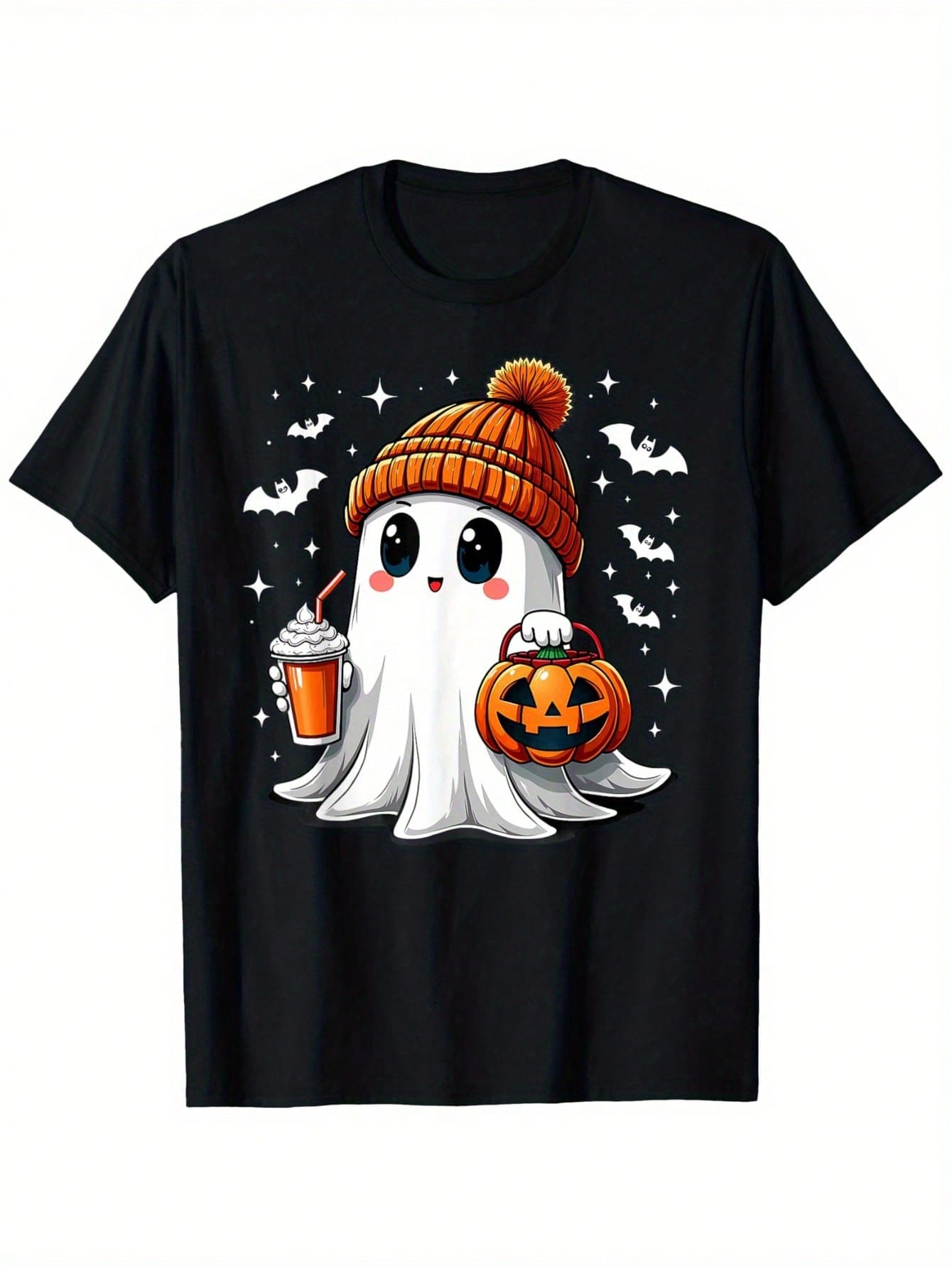 Halloween Cute Ghost T-Shirt - Adorable Spirit With Pom-Pom Beanie, Pumpkin Bucket, Frosty Drink And Bat Accents