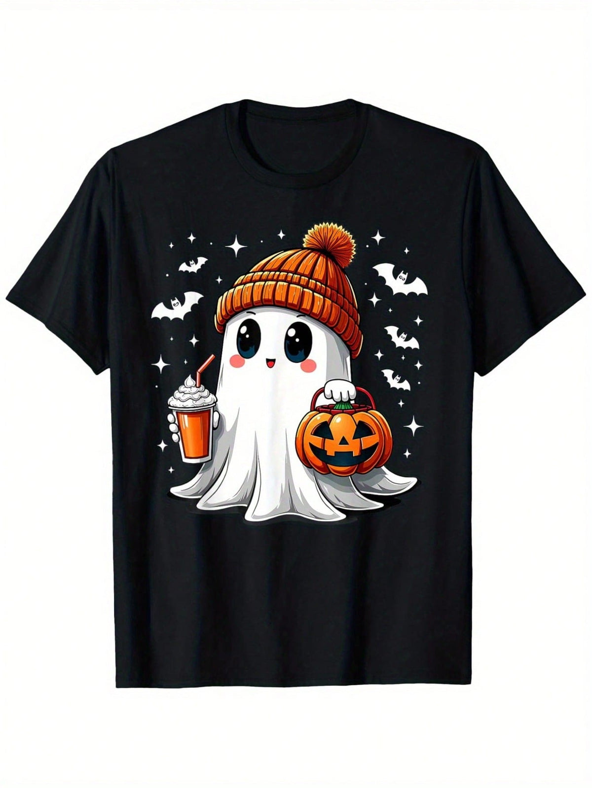 Halloween Cute Ghost T-Shirt - Adorable Spirit With Pom-Pom Beanie, Pumpkin Bucket, Frosty Drink And Bat Accents