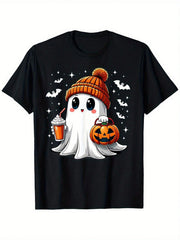 Halloween Cute Ghost T-Shirt - Adorable Spirit With Pom-Pom Beanie, Pumpkin Bucket, Frosty Drink And Bat Accents