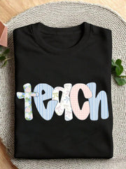 Teach Graphic T‑Shirt, Coquette Bow Floral Plaid Letter Teacher Tee, Women Casual Back To School Short Sleeve Top