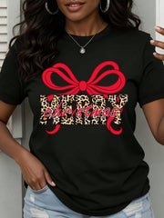 Women Merry Christmas Leopard Print Bow Graphic Tee