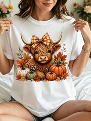 Highland Cow With Bow And Pumpkins, Autumn Season, Girlfriend, Thanksgiving, Farmhouse Decor