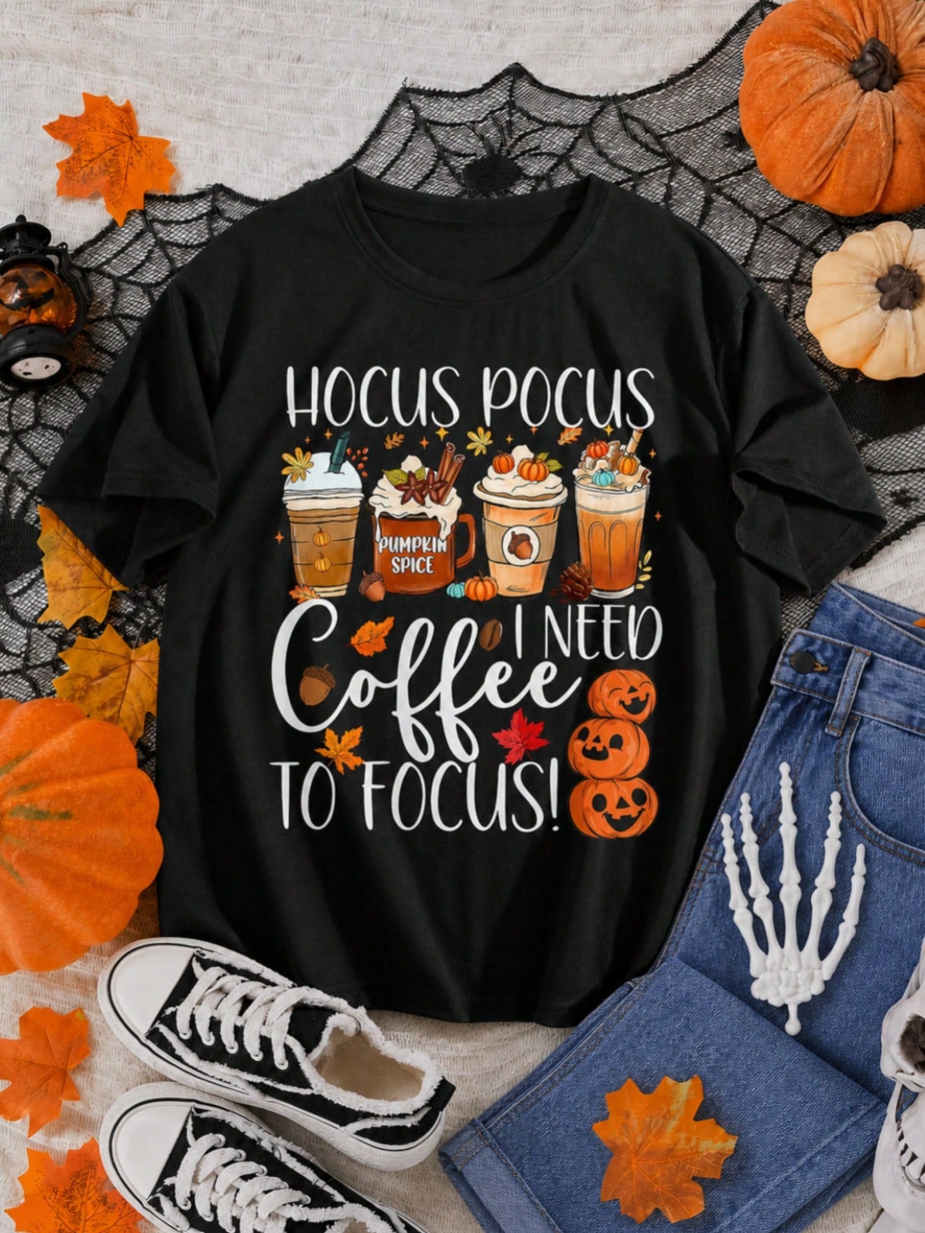 Hocus Pocus Print Tee Coffee Pumpkin Spice Fall Crew Neck Casual Top