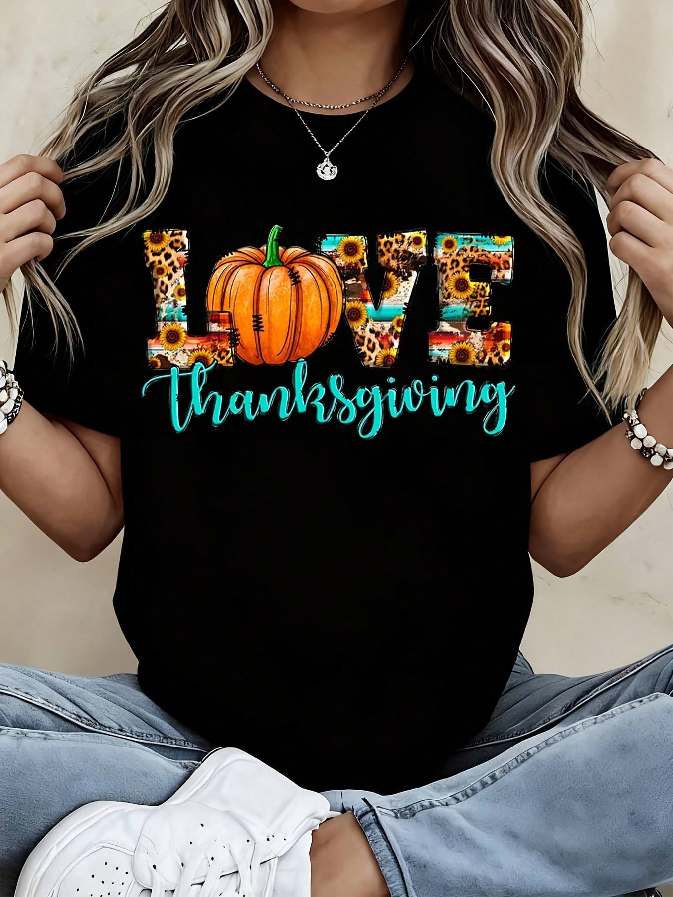 Thanksgiving T Shirt Black Leopard Sunflower Pumpkin Love Print Top For Autumn Holiday Party Daily Wear