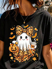 Cute Halloween Ghost Leopard Print Bow Tie Pumpkin Coffee Graphic Tee