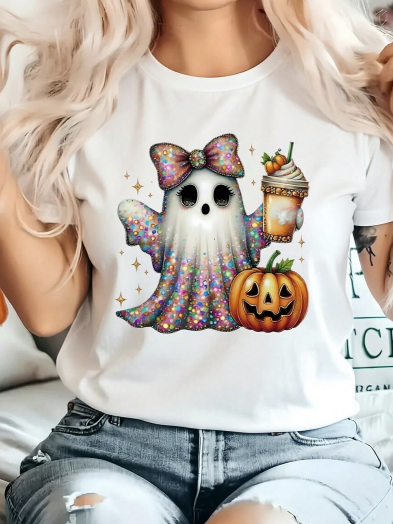 Summer Plus Size Women Halloween Ghost Pumpkin Bow Jack O Lantern Print Crew Neck Short Sleeve Tee