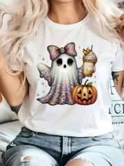 Summer Plus Size Women Halloween Ghost Pumpkin Bow Jack O Lantern Print Crew Neck Short Sleeve Tee