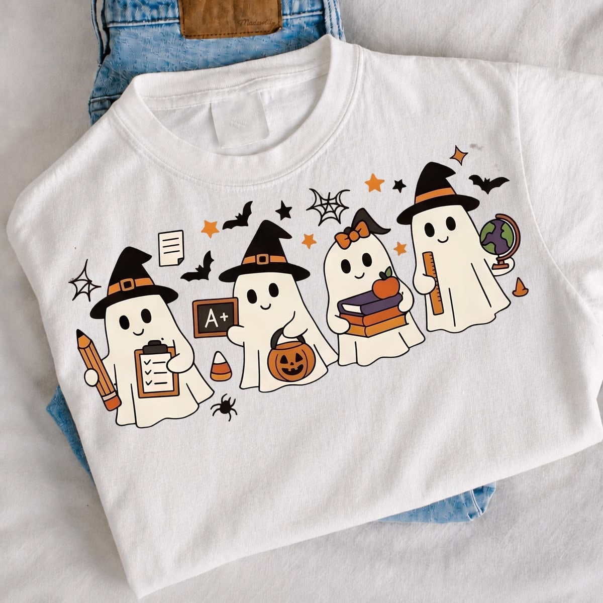 Halloween School Teacher Ghost Graphic Print Short Sleeve T-Shirt Fall Outfit For Women Preppy Style Top
