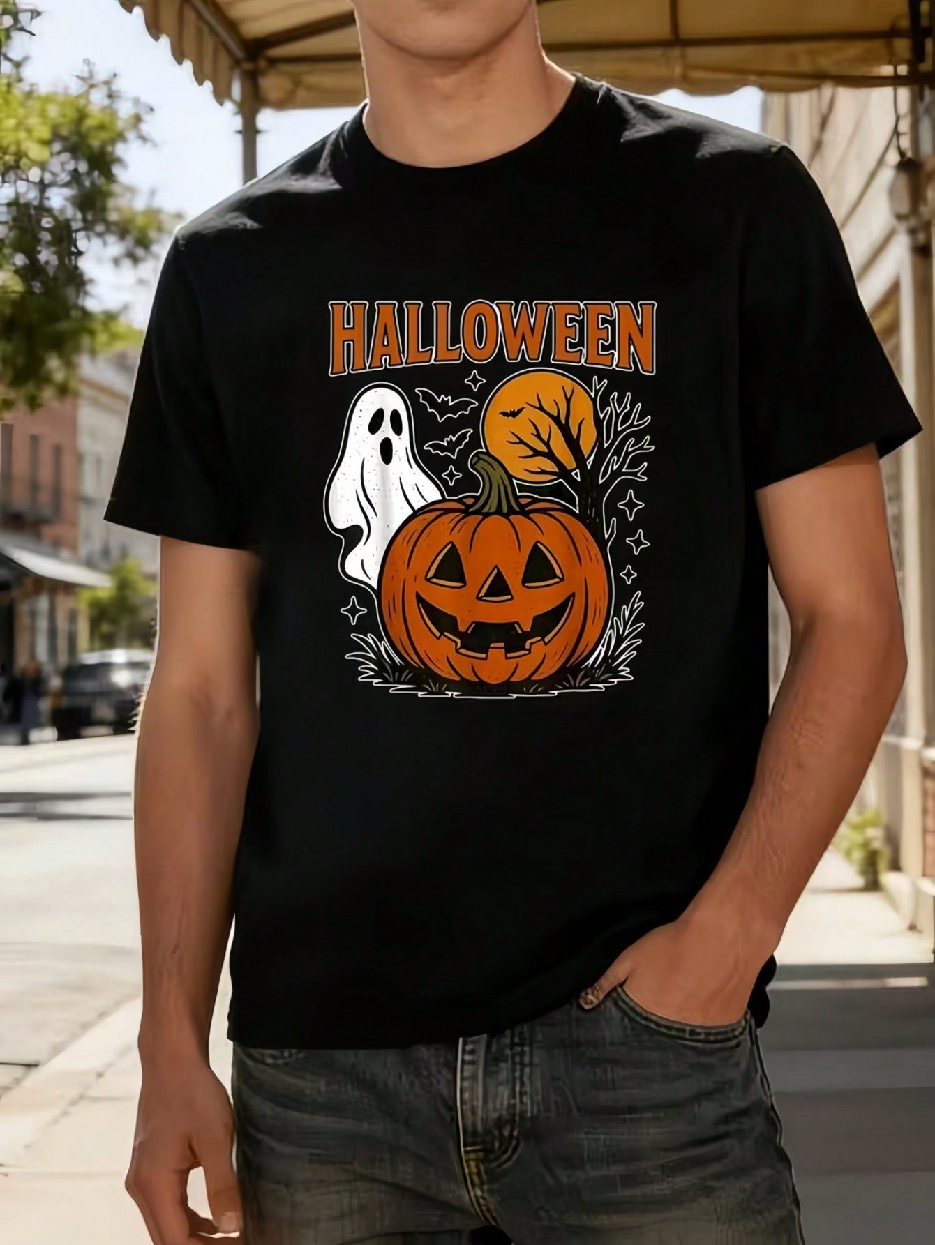 Halloween Graphic Print Men Short Sleeve T‑Shirt, Casual Crew Neck Tee For Holiday Party