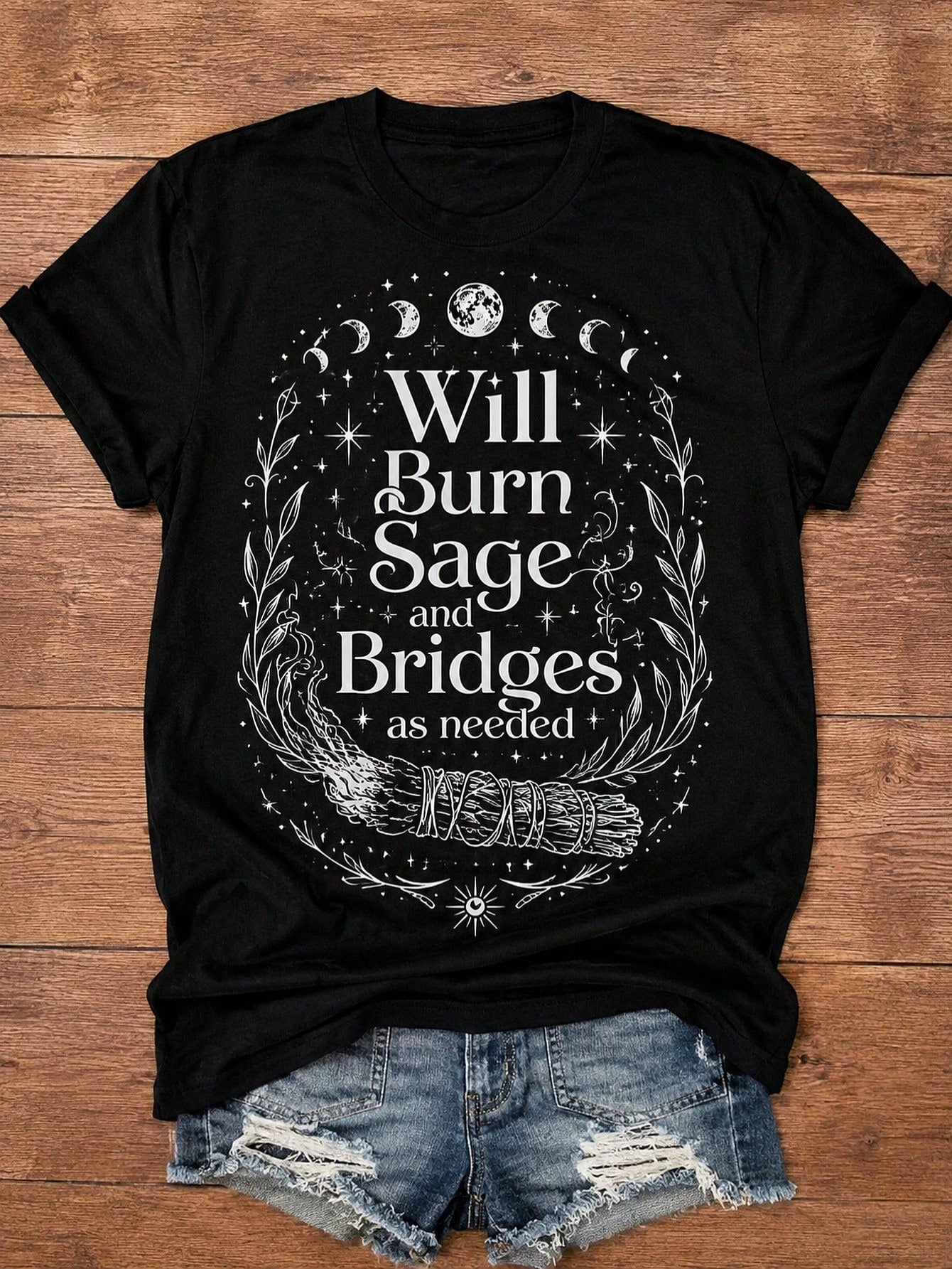 Moon Phase Will Burn Sage Print Black Tee Witchy Halloween Gift Top