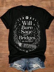 Moon Phase Will Burn Sage Print Black Tee Witchy Halloween Gift Top