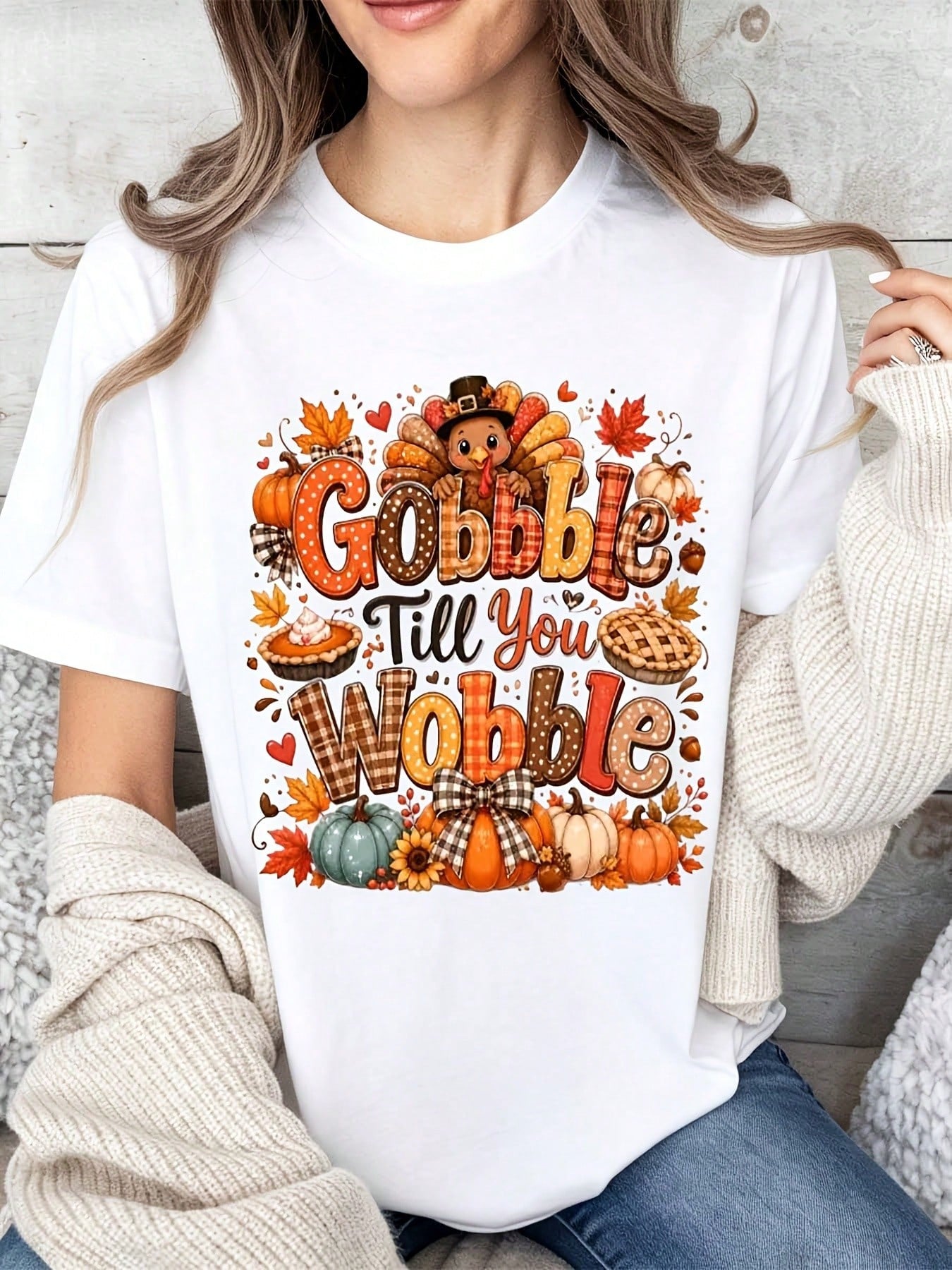 Women Casual Thanksgiving T Shirt White Gobble Till You Wobble Turkey Pumpkin Pie Print Top For Autumn Holiday Party Gift