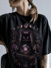 Mystical Black Cat Moon Phase Skull Rose Gothic Print Witchy Tee