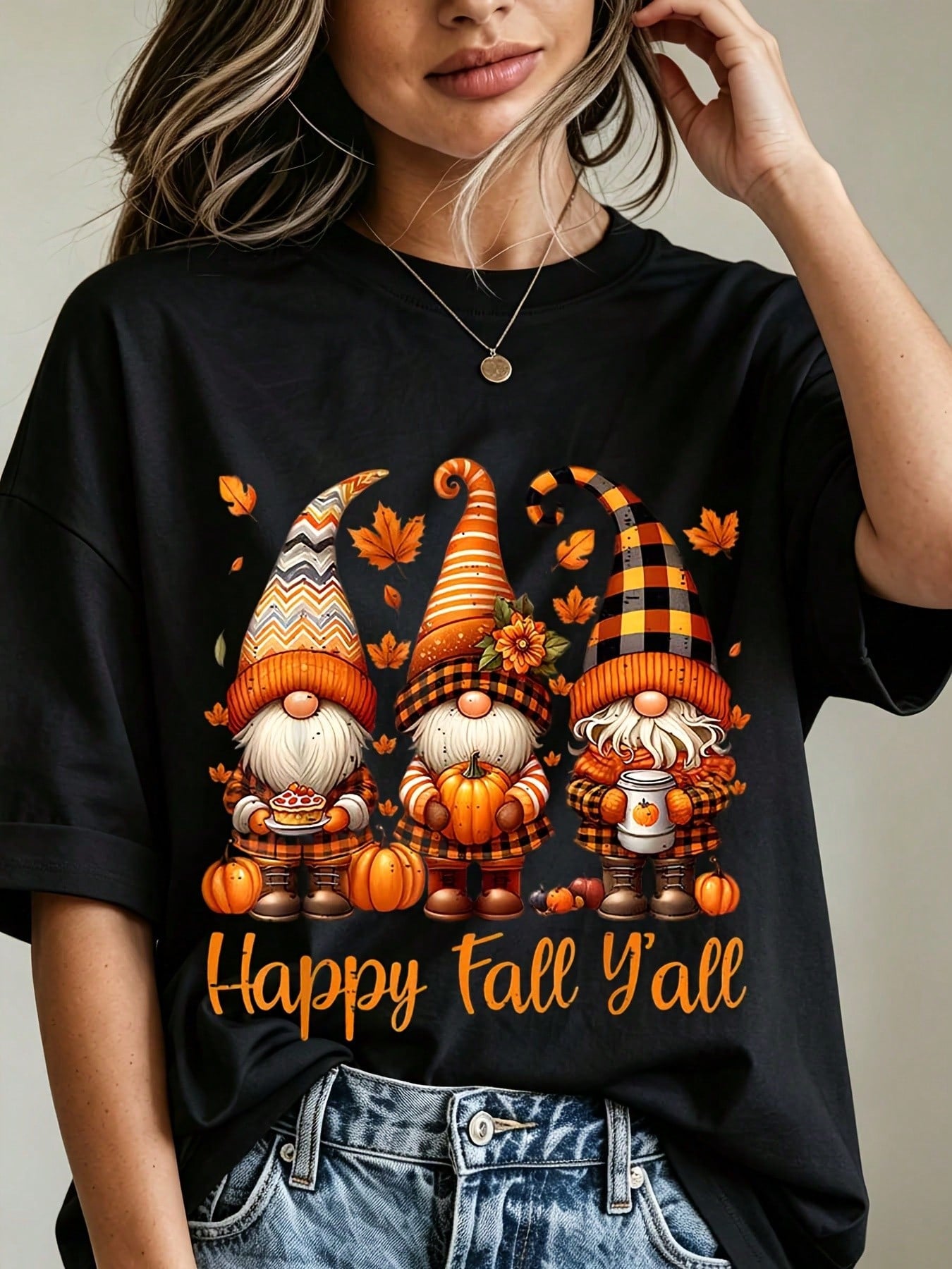 Happy Fall Y'all Autumn Pumpkin Print, Casual Thanksgiving Tshirt