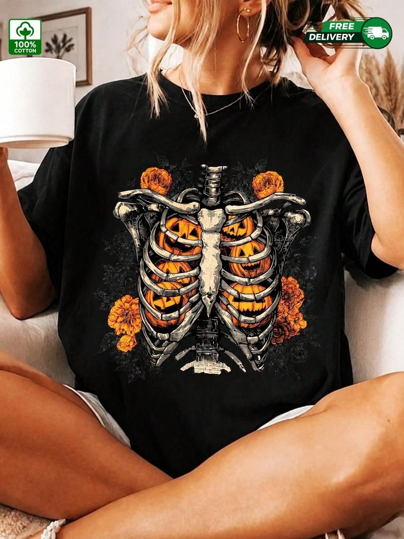 Halloween Skeleton Rib Cage Pumpkin Orange Flower Print Cotton Tee