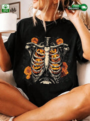 Halloween Skeleton Rib Cage Pumpkin Orange Flower Print Cotton Tee