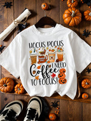 Hocus Pocus Print Tee Coffee Pumpkin Spice Fall Crew Neck Casual Top