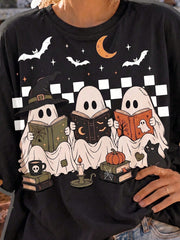 Halloween Ghost Reading Short-Sleeve Crew Neck Shirt