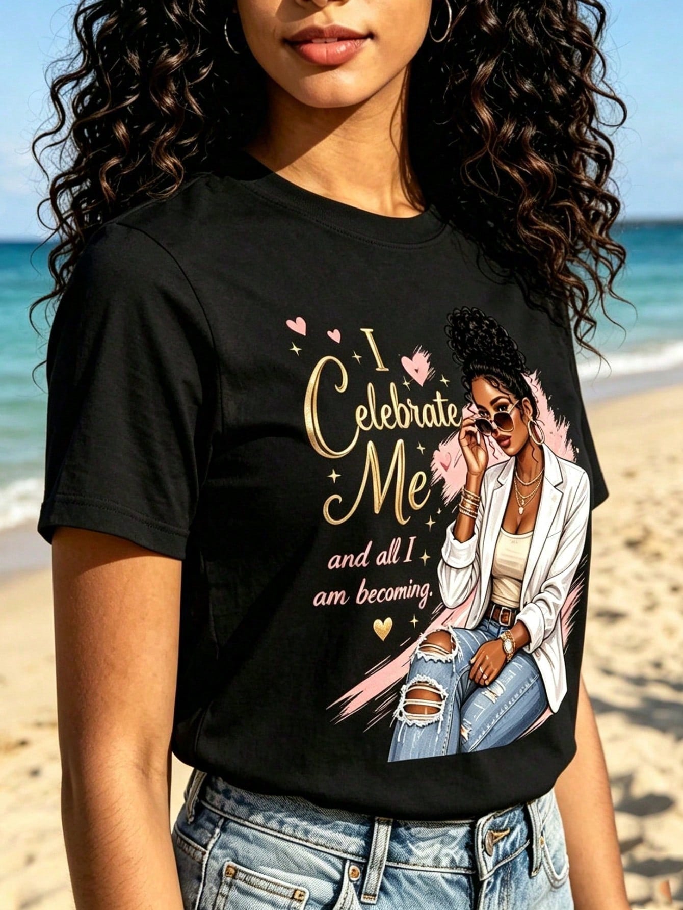 Inspirational Women Graphic T-Shirt, “I Celebrate Me” Quote Tee, Fashion Girl Print, Short Sleeve Crew Neck Casual Top for Women