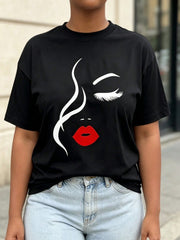 Face Line Print Crew Neck Tee Black Cotton Stretch Regular Fit Top