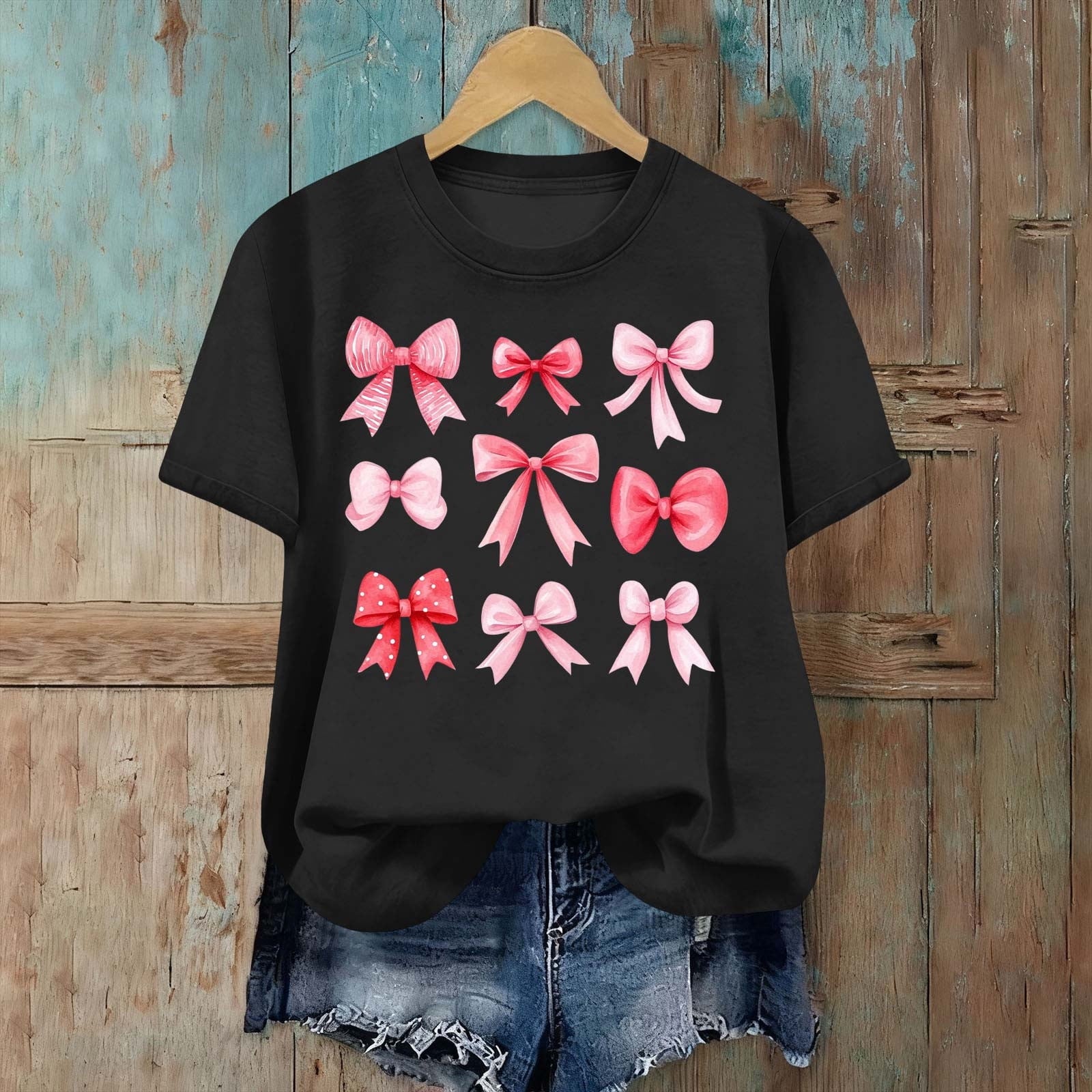 Wensltd Summer Short Sleeve T Shirts for Women Casual Valentine's Day Bow Print Tops Trendy Soft Graphic Tees Comfortable Blouses