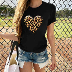 WREESH Womens Graphic Tee Valentine's Day Heart Leopard Print Shirts for 2025 Spring Summer Fashion Casual Tops Black