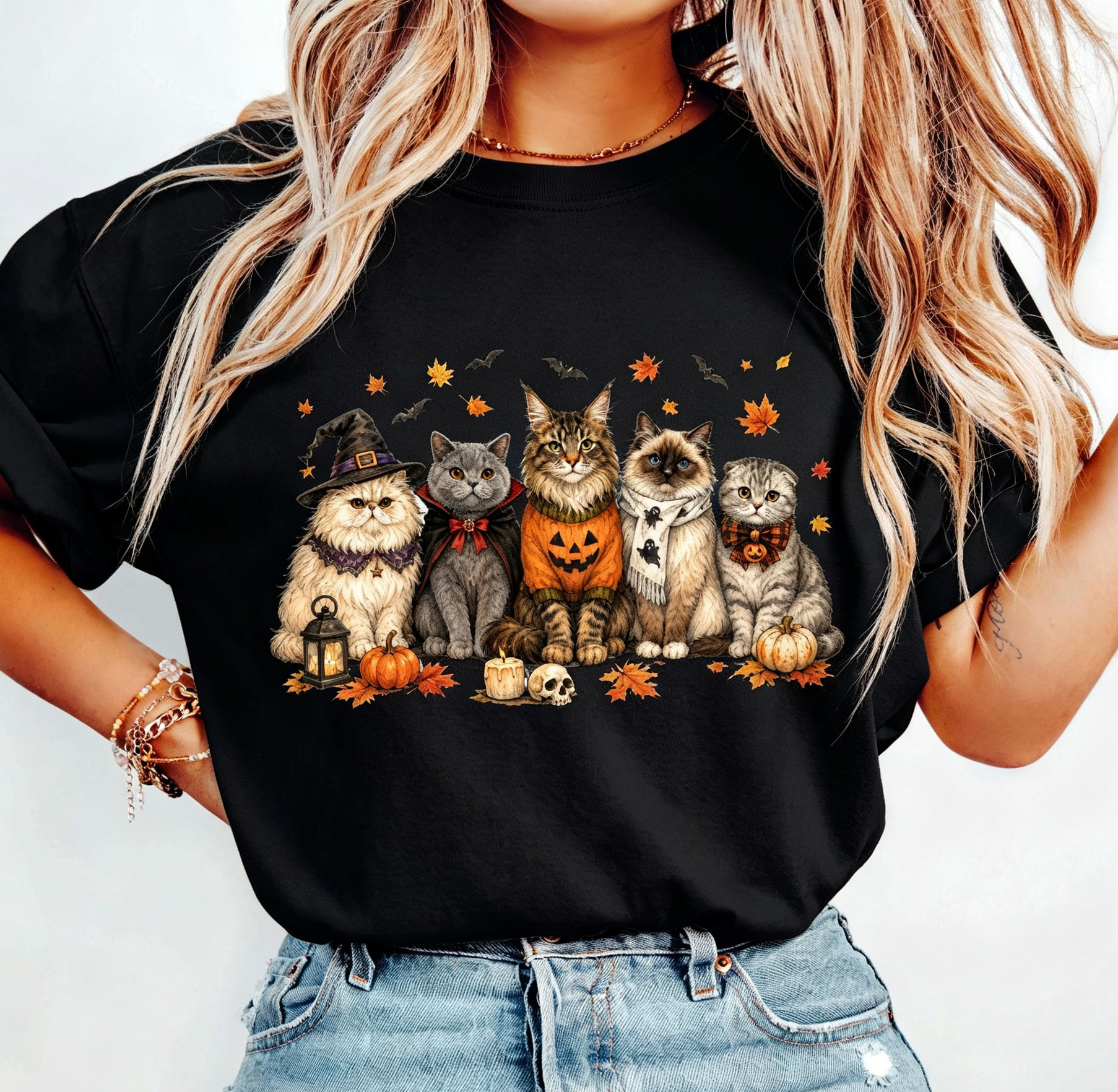 Halloween Cute Spooky Cats Graphic T‑Shirt，Women Halloween Tshirts，Crew Neck Short Sleeve Casual Tops