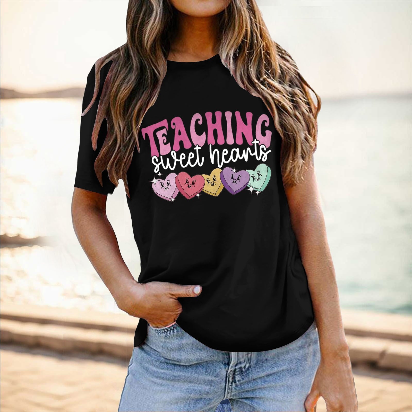 Shadoumai Women Love Heart Printed Shirts Valentine's Cute Casual Graphic T Shirts Spring Day Tops Trendy Tee