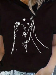Cute Cat Paw Heart Graphic Crew Neck Tee Soft Stretch Black Top