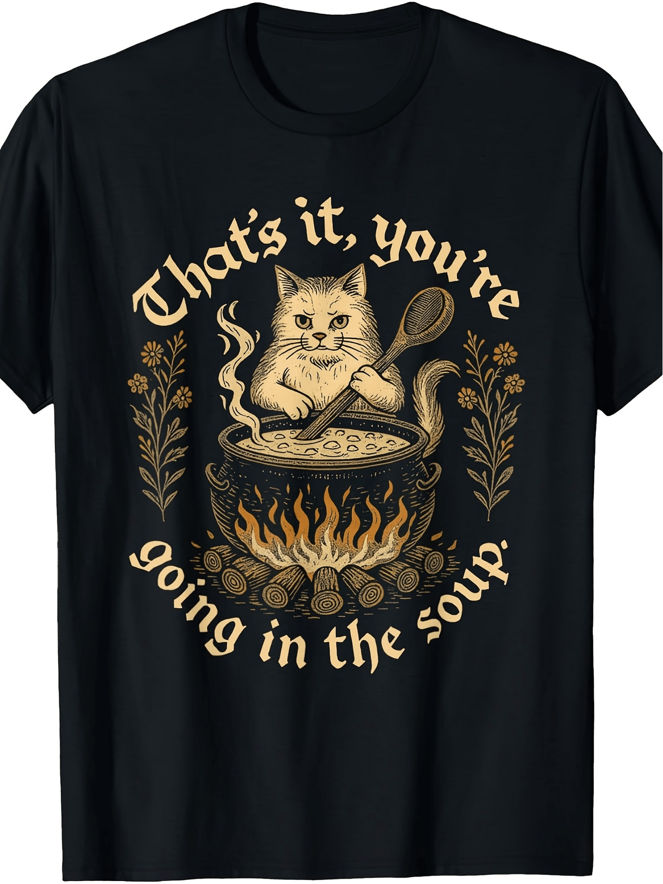 That's It You're Going In The Soup Funny Witch Cat Graphic Tee for Men Women, Cute Halloween Black Cat Short Sleeve T-Shirt, Casual Crew Neck Top for Cat Lover Gift