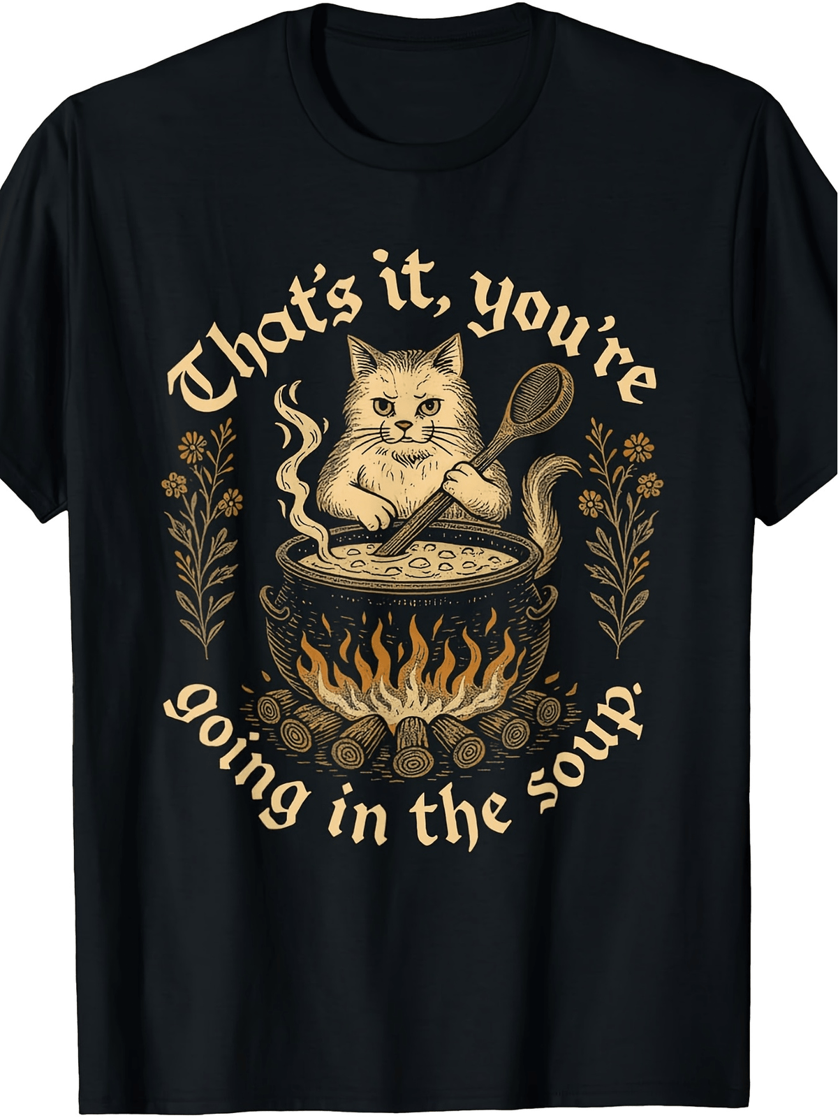 That's It You're Going In The Soup Funny Witch Cat Graphic Tee for Men Women, Cute Halloween Black Cat Short Sleeve T-Shirt, Casual Crew Neck Top for Cat Lover Gift