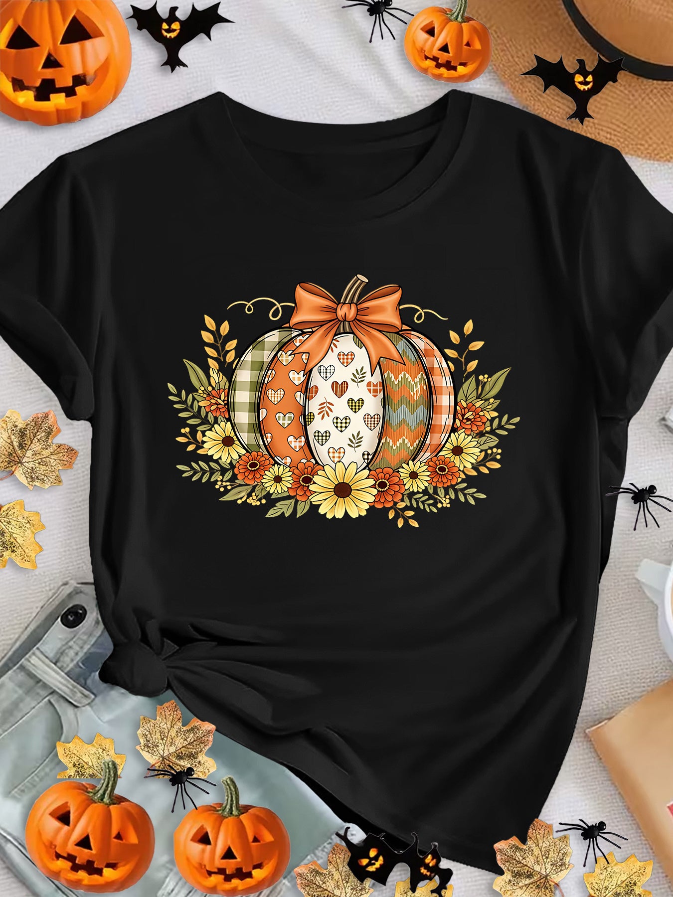 Women's Plaid Patchwork Pumpkin Floral Graphic T-Shirt, Fall Autumn Short Sleeve Crew Neck Tee, Thanksgiving Harvest Top