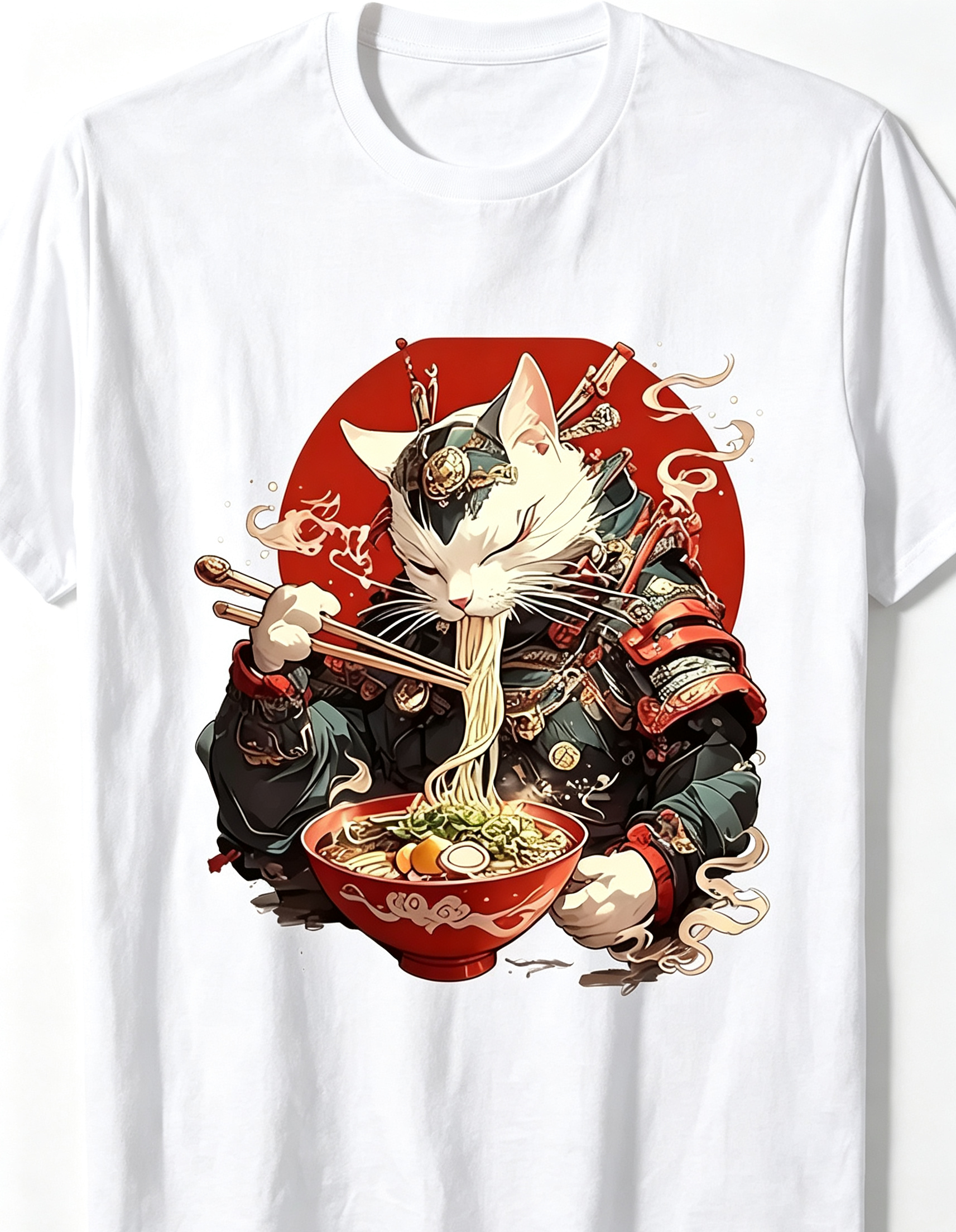 Japanese Ukiyo‑e Samurai Cat Graphic T‑Shirt, Retro Anime Ninja Cat Eating Ramen Bowl Unisex Short‑Sleeve Casual Tee