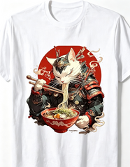 Japanese Ukiyo‑e Samurai Cat Graphic T‑Shirt, Retro Anime Ninja Cat Eating Ramen Bowl Unisex Short‑Sleeve Casual Tee