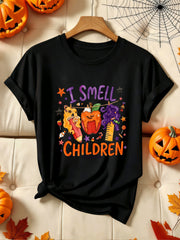 Women’s I Smell Children Teacher Life Halloween Graphic Short Sleeve T‑Shirt, Funny Teacher Candy Apple Pencil Witch Hair Holiday Casual Tee Top