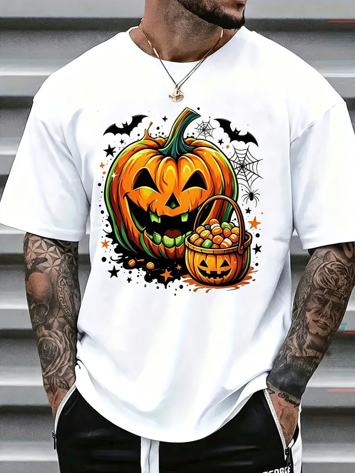 Men'S Short Sleeve T-Shirt, Halloween Pumpkin Candy Basket Design, All-Season