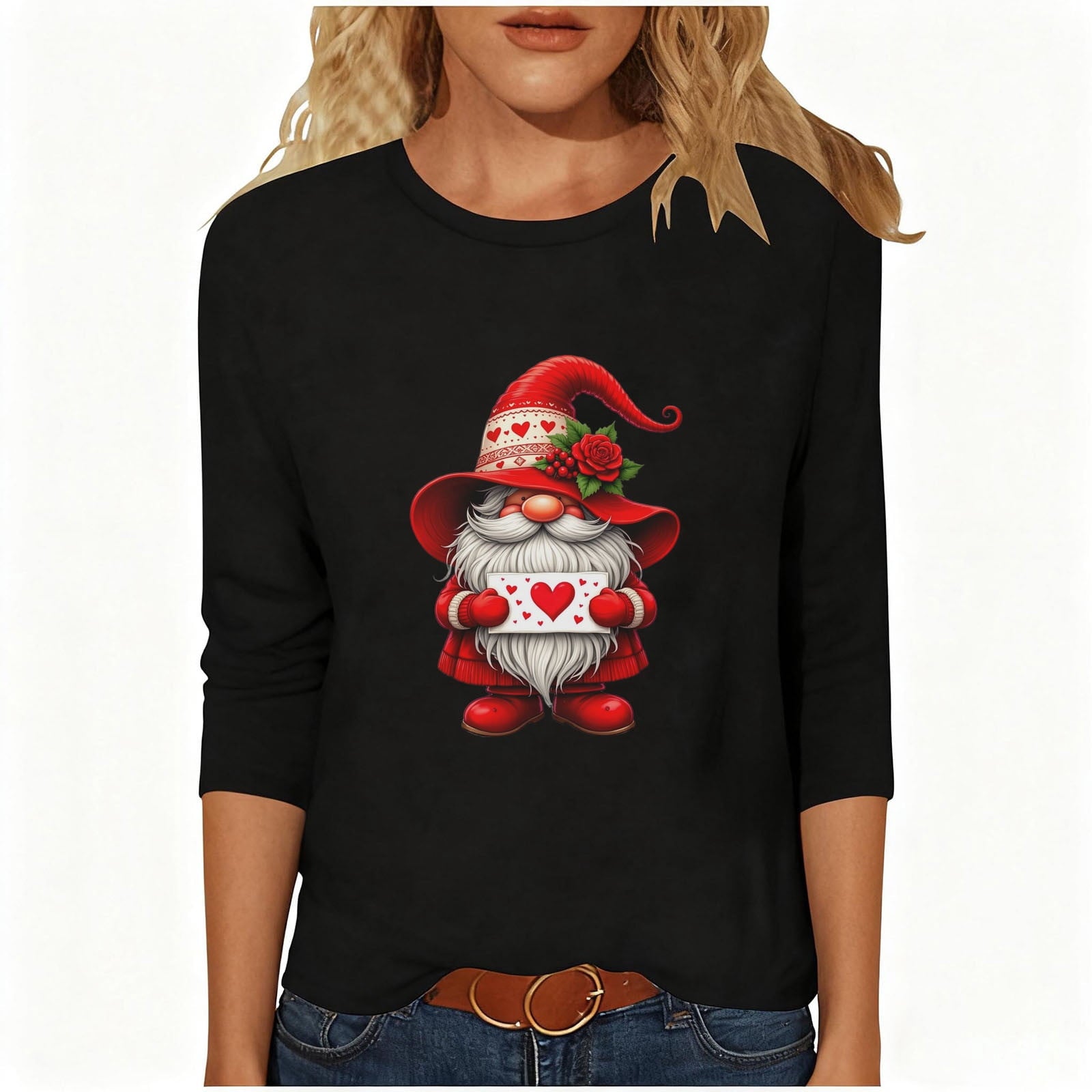 NTACZA 3/4 Sleeve Tops for Women Valentine's Day Graphic Black Pullover Tees Active Pullover Funny Shirts for Women 5X
