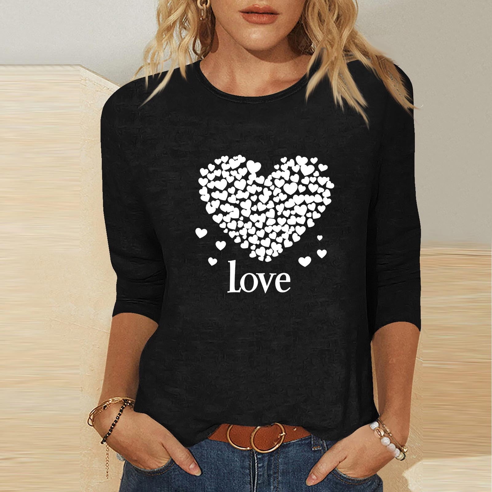 mihongmao Tee Shirts for Women Graphic Crewneck Women's Valentine's Day Printed 3/4 Sleeve Fashionable Round Neck Black S