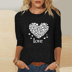 mihongmao Tee Shirts for Women Graphic Crewneck Women's Valentine's Day Printed 3/4 Sleeve Fashionable Round Neck Black S
