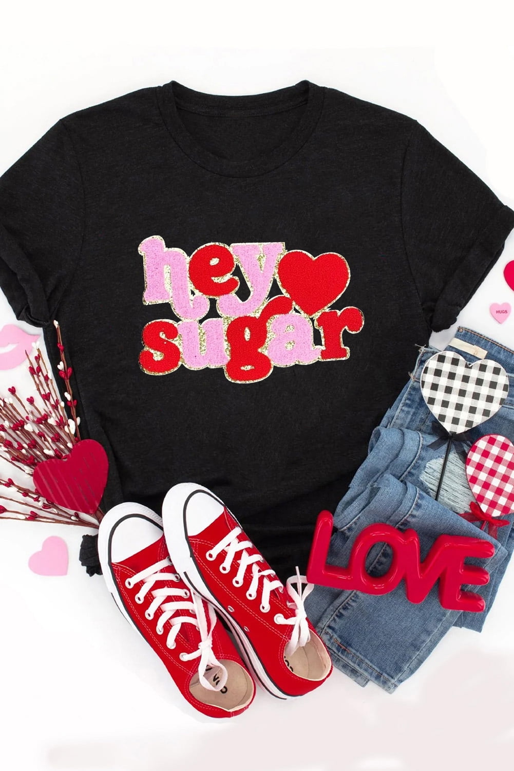 Cute Valentine's Day Graphic T-Shirt with Relaxed Fit and Adorable 'Hey Sugar' Design - [ZhiHiMeRi] | (US 12-14)L
