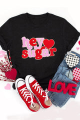 Cute Valentine's Day Graphic T-Shirt with Relaxed Fit and Adorable 'Hey Sugar' Design - [ZhiHiMeRi] | (US 12-14)L
