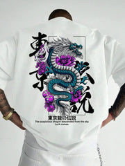 Men’s Japanese Dragon Floral Graphic T‑Shirt Men's Casual Sport Street Y2K Dragon Print Trendy Crew Neck T-Shirt