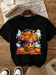 Halloween Pumpkin Basket Ghost Print Cotton Tee Spring Fall Crew Neck Top