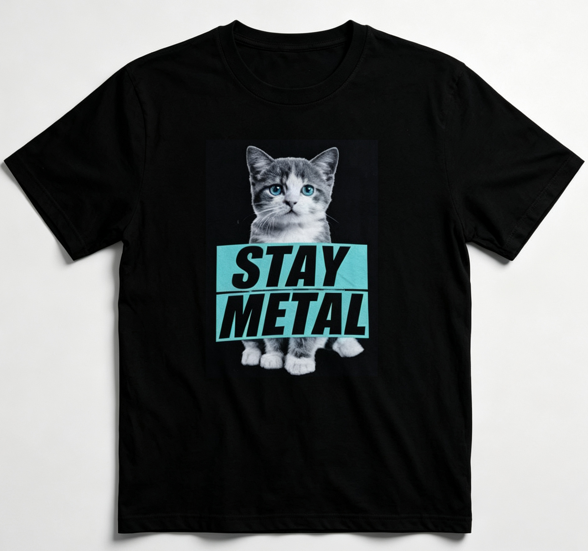 Stay Metal Cat Graphic T‑Shirt, Cute Kitten Heavy Metal Inspired Unisex Short‑Sleeve Cotton Tee for Music Fans