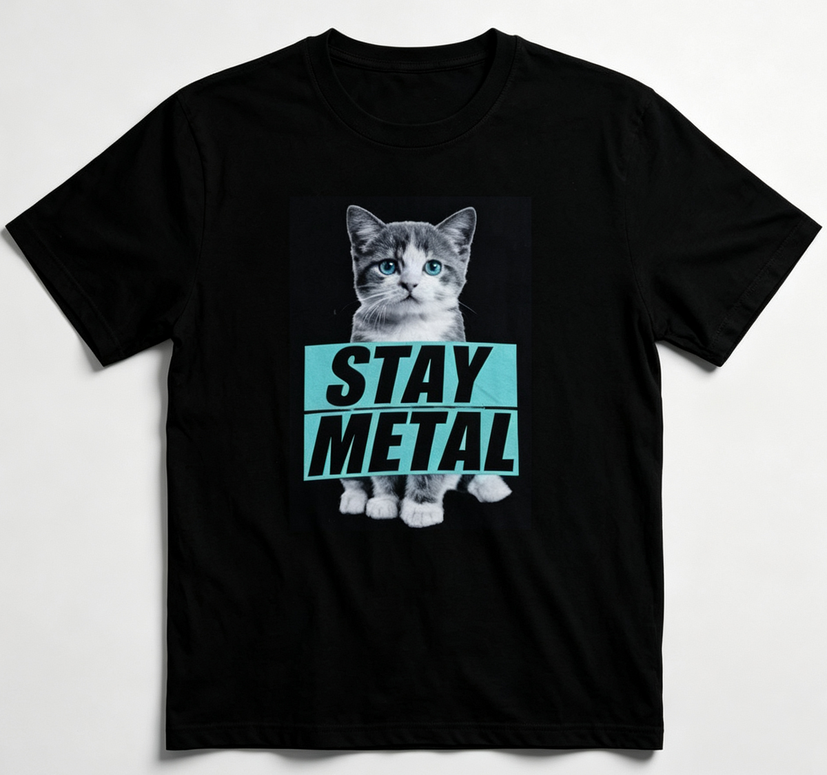 Stay Metal Cat Graphic T‑Shirt, Cute Kitten Heavy Metal Inspired Unisex Short‑Sleeve Cotton Tee for Music Fans