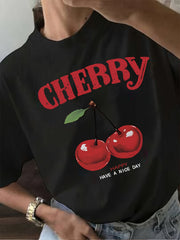 Cherry Print Short Sleeve Tee Spring Summer Crew Neck Casual Versatile Top