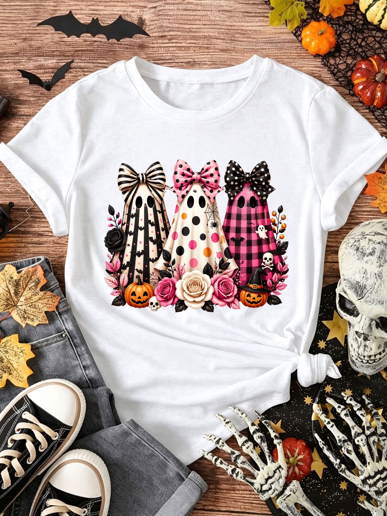 Cute Ghost T-Shirt Bow Ghost Pumpkin Rose Halloween Graphic Tee