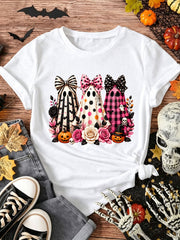 Cute Ghost T-Shirt Bow Ghost Pumpkin Rose Halloween Graphic Tee