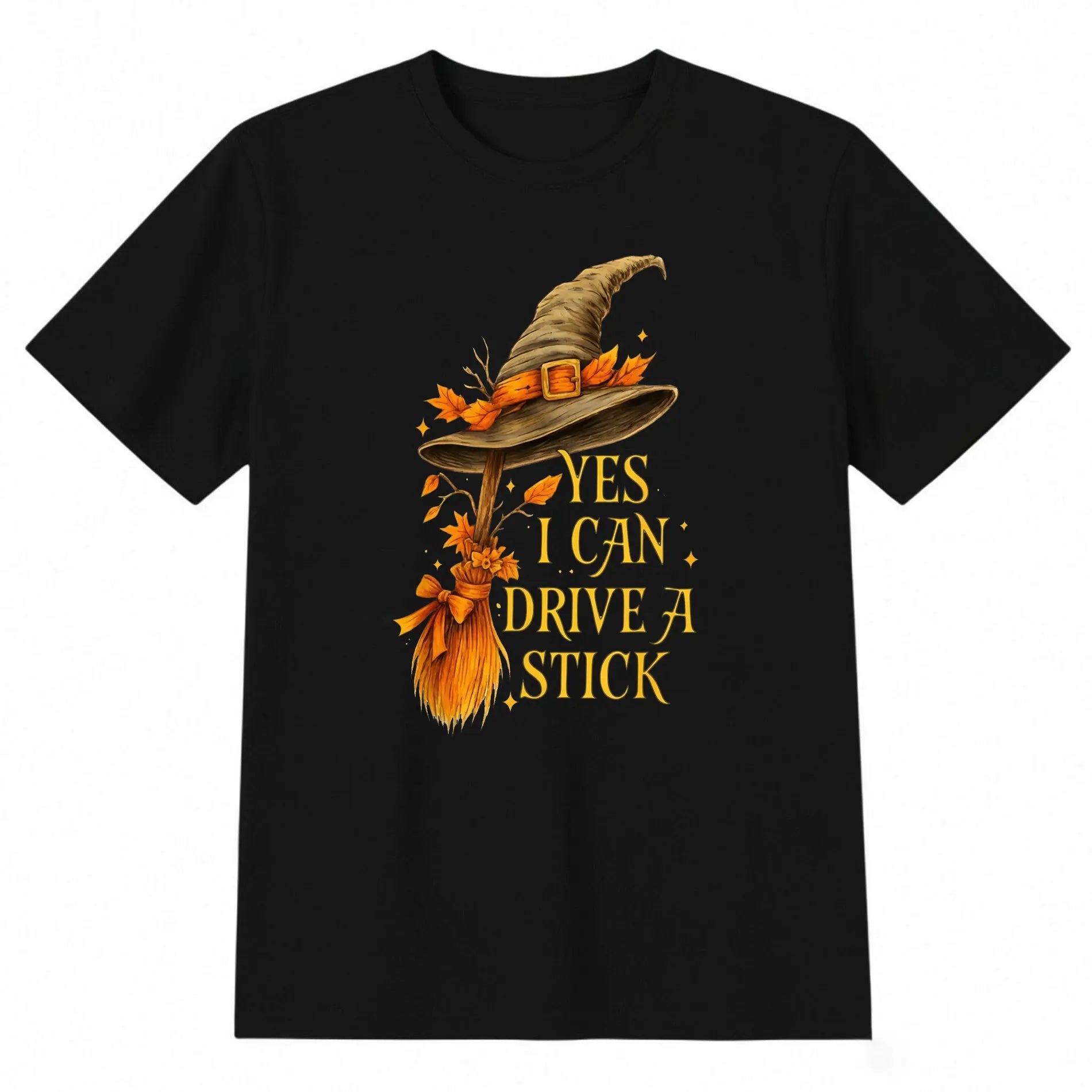 Men's Casual Shortsleeve T-Shirt with I Can Drive a Stick Funny Witch Graphic